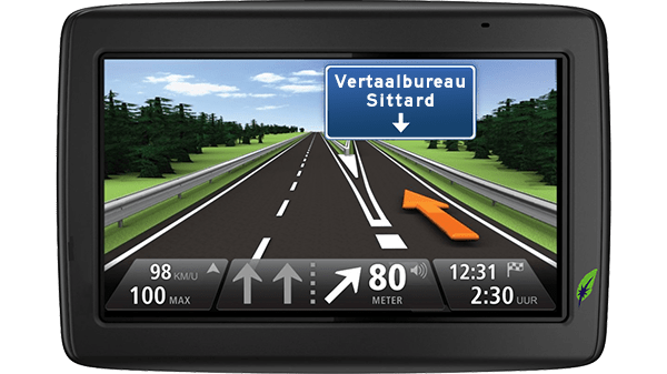 Vertaalbureau in Sittard - Goed op weg met Vertaalbureau Dagnall Screenshot navigatiesysteem met tekst Vertaalbureau Sittard aangegeven - in kleur op transparante achtergrond - 600 * 337 pixels